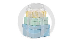 Stack of colored gift boxes with bow isolated on white background