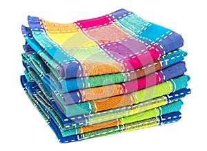 Stack of colored kitchen towels in box