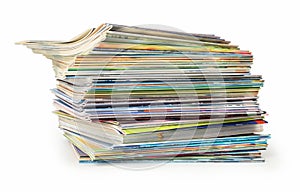 A stack of colored magazines on a white background