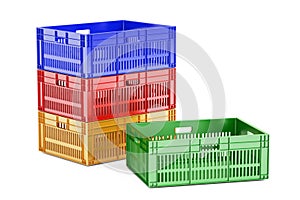 Stack colored plastic crates, 3D rendering