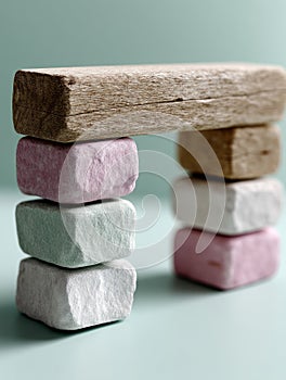 Stack of colored wooden blocks on pastel background.