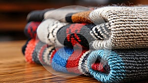 A stack of colorful blankets.