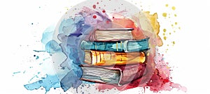 Stack of colorful books. Collection of drawn literature. Concept of colorful reading, fun education, lively book art