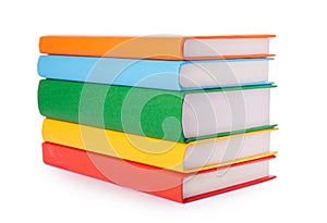 Stack of colorful books isolated on white background. Collection of different books. Hardback books for reading. Back to school