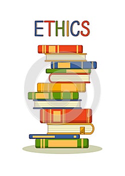 Stack of colorful books with lettering Ethics