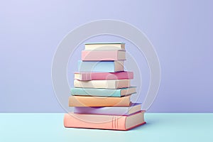 Stack of colorful books on pastel background with copyspace for text. Collection of different books. Back to school, education and
