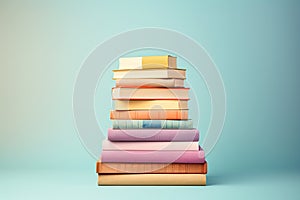 Stack of colorful books on pastel background with copyspace for text. Collection of different books. Back to school, education and