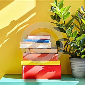 Stack of colorful books and plant on yellow wall background. Back to school concept
