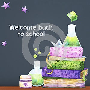 Stack of colorful books, text books, pile of books, with lab test tube, back to school clipart, chalkboard