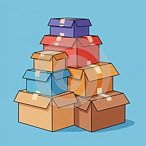A stack of colorful cardboard boxes against a light blue background. The boxes are