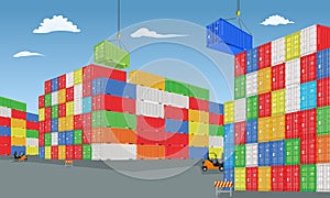 Stack of colorful cargo containers with perspective view. Different colors. Vector illustration.