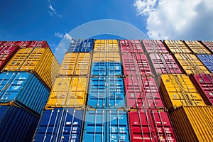 Stack of Colorful Cargo Containers Under a Blue Sky for Global Shipping