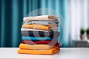 Stack of colorful clothes. Pile of clothing on table empty space background. Laundry and household.