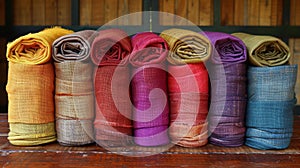A stack of colorful cloths on a wooden table, AI