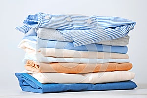 Stack of colorful cotton clothes. Heap of   folded laundry