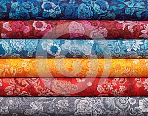 Stack of colorful cotton quilting fabrics as a background image