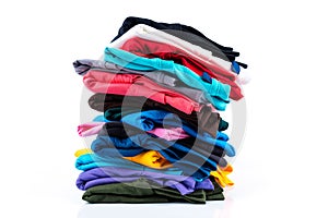 Stack of Colorful cotton T-shirt isolated on white background