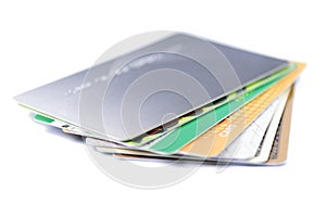 Stack of colorful Credit cards on white background or isolated