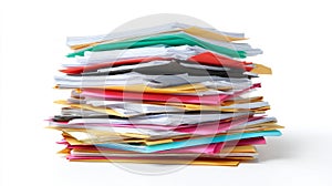 Stack of colorful documents on white background. Neural network AI generated