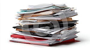 Stack of colorful documents on white background. Neural network AI generated