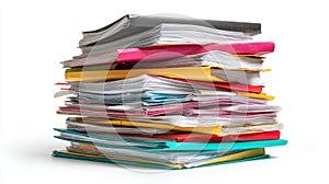 Stack of colorful documents on white background. Neural network AI generated