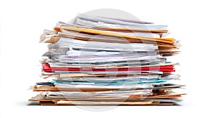 Stack of colorful documents on white background. Neural network AI generated