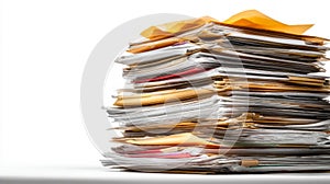 Stack of colorful documents on white background. Neural network AI generated