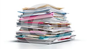 Stack of colorful documents on white background. Neural network AI generated