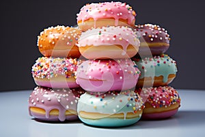 a stack of colorful donuts with sprinkles on top of each other