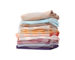Stack of colorful folded clothes on a white background