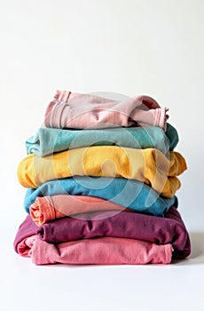 Stack of colorful folded clothes on white background. Laundry concept