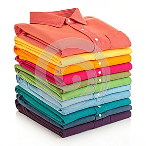 Stack of colorful folded shirts isolated on white background