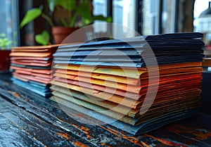 Stack of colorful folders on a desk