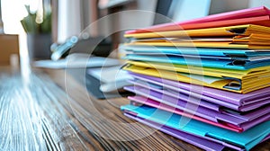 A stack of colorful folders and documents on a wooden desk in an office setting