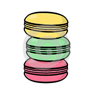 Stack of colorful french macarons on white background