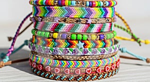 A stack of colorful friendship bracelets featuring intricate woven patterns and bead