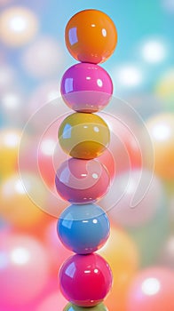 Stack of colorful glossy spheres, abstract vibrant background. Balance and harmony concept
