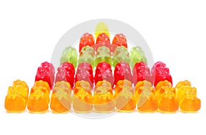 Stack of colorful haribo bear candies. White background