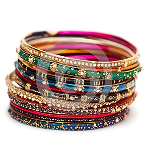 Stack of Colorful Indian Bangles with Gold and Rhinestones