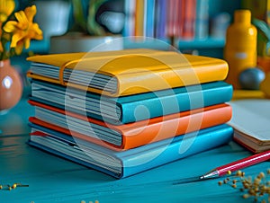 Stack of colorful journals and pen