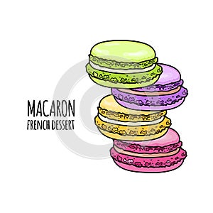 Stack of colorful macaron, almond cakes isolated on white background. Set of sweet almond macaroon. French dessert