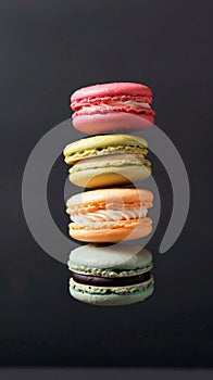 Stack of Colorful Macarons on Dark Background. Generative ai