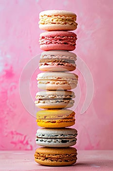 Stack of colorful macarons on a pink background