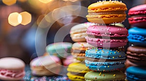 A stack of colorful macarons with sprinkles on top, AI
