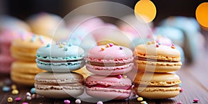 A stack of colorful macarons on a wooden table