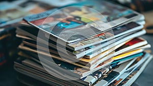 Stack of colorful magazines close-up