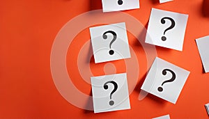 Paper notes with question marks on Coral background, flat lay. Space for text