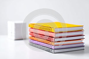 Stack of Colorful Notebooks on a Table With a Cube