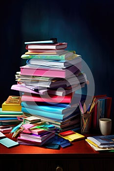stack of colorful office folders and paperwork on a desk