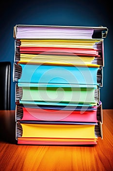 stack of colorful office folders and paperwork on a desk